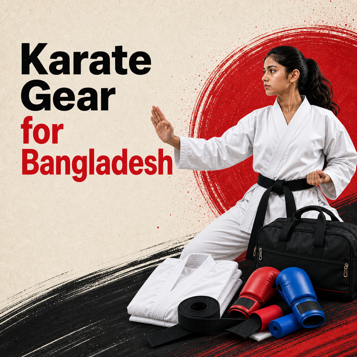 Bangladeshi karate practitioner with uniforms, gloves, belt and training bag