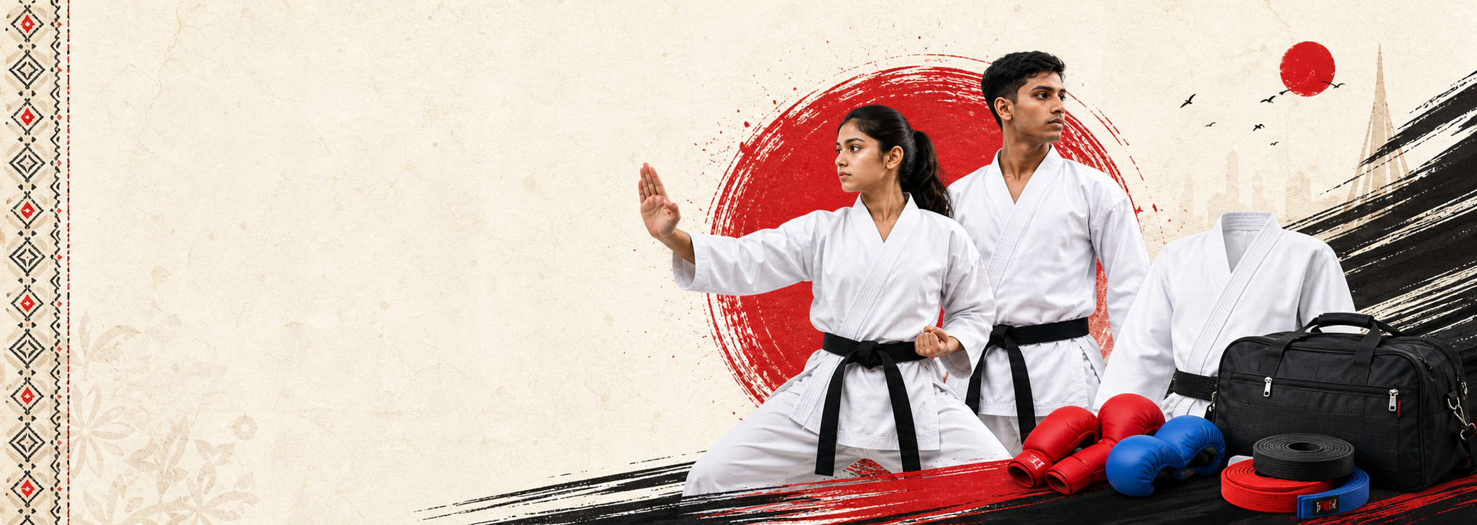 Bangladeshi karate practitioners with uniforms, belts and training equipment